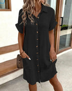 Retro V-Neck Linen Dress – Elegant High Waist Knee-Length