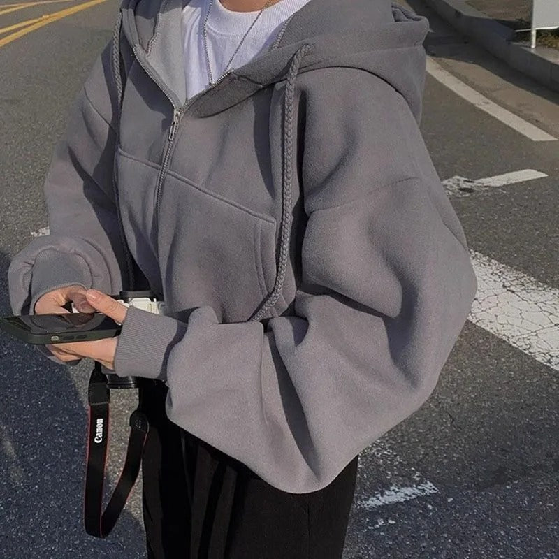 Cropped Zip Hoodie – Casual Comfort with Long Sleeve Design