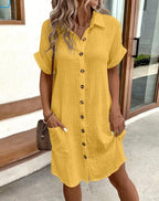 Retro V-Neck Linen Dress – Elegant High Waist Knee-Length